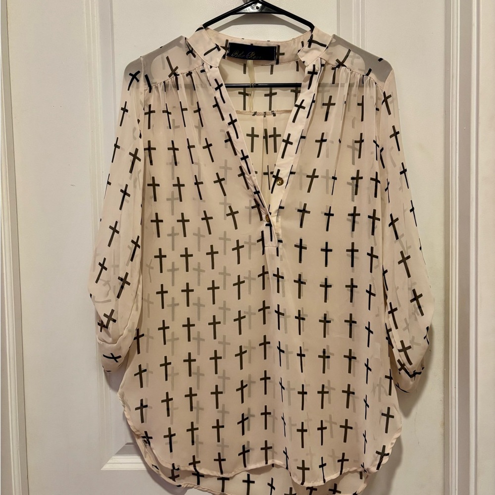 Blue Rain Cross Print Blouse - Beige and Black